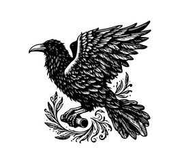 raven black and white illustration logo vector	