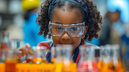 Elementary school girl doing science experiments in a classroom.