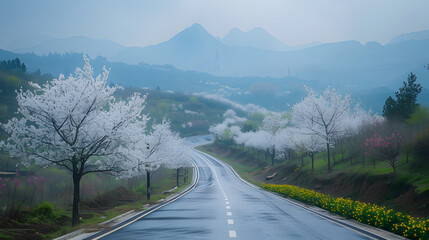 A long road stretches into the distance, flanked by white blossoms sakura and a mountain range in the background.