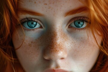 Portrait of a red-haired young girl with freckles. Hyperrealistic photo