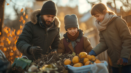 Families composting food waste, recycling