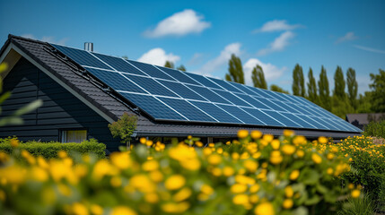 Newly built houses with bleu solar panels on the roof during spring - obrazy, fototapety, plakaty