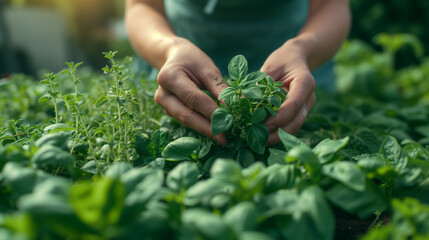 hands holding a basil plant, People picking herbs or veggies from a garden