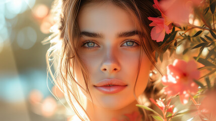 portrait of a woman in park with flowers, portrait of a beautiful serious woman focused on the camera Confident female model with a calm sensual expression - Powered by Adobe