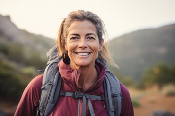 Portrait of smiling woman hiker looking at camera on mountain trail