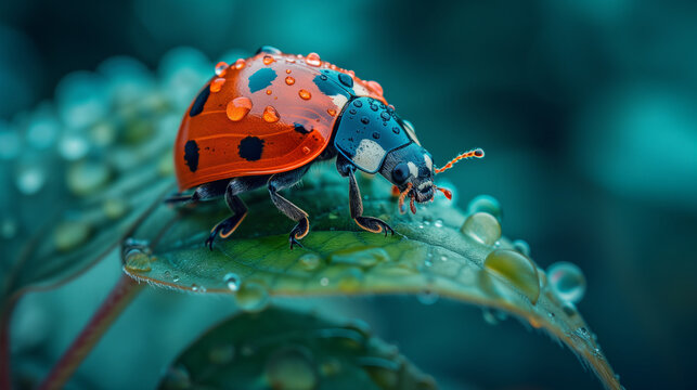 ladybird on a leaf with rain drops at Spring