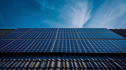 solar panels on roof with a blue sky