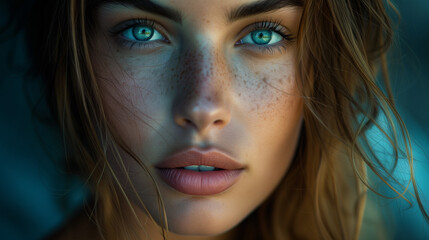 Naklejka premium portrait of a woman with blue eyes, a brunette woman with beautiful lips, a sensual sexy looking woman