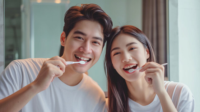 pareja de hombre y mujer juntos en el espejo lav&aacute;ndose los dientes en el cuarto de ba&ntilde;o a primera hora de la ma&ntilde;ana con una sonrisa.