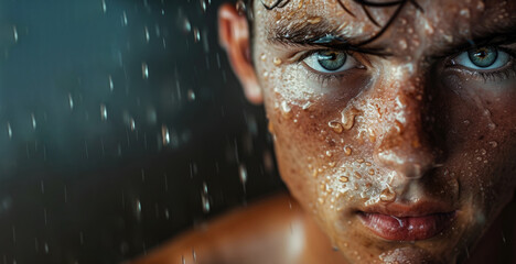 Fototapeta na wymiar Close-up portrait of a young man, wet, sweaty, face. Hyper-realistic photo.