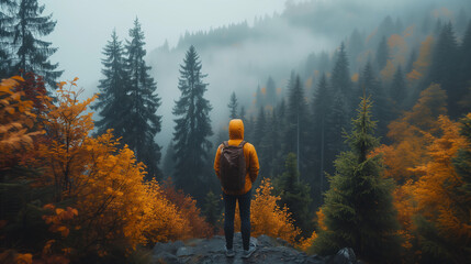 hiking in the mountains, a man with a backpack looking at the mountains with fog and mist during a hiking trip at autumn