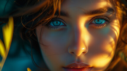 Fototapeta premium portrait of a woman with makeup and blue eyes, portrait of a beautiful serious woman focused on the camera Confident female model with a calm sensual expression