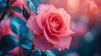 pink rose with water drops and soft bokeh wih warm natural sun light