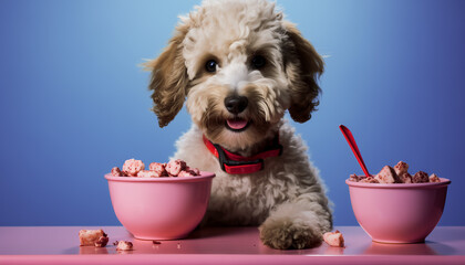 cute dog feeding from a bowl of food