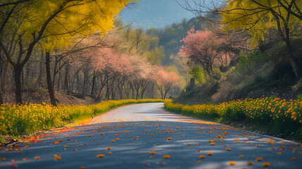 A long road surrounded by blooming pink sakura cherry trees and mountains in the background.