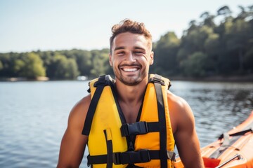Handsome young man in life jacket is smiling while standing on the river bank - Powered by Adobe