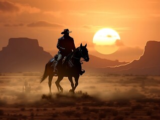 Fototapeta na wymiar Cowboy riding on a horse in sunset