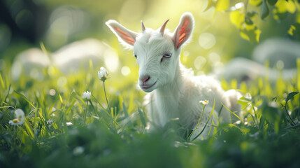 white goat in the grass