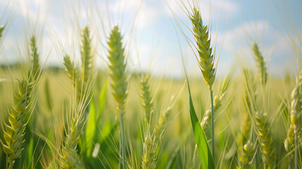 Obraz premium Golden Wheat Field Under Blue Sky: High Quality, Royalty-Free Stock Image Perfect for Agriculture, Nature, and Countryside Themes