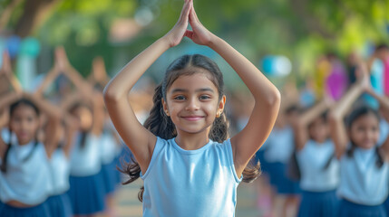 Indian school girls doing yoga for the physical education class. - obrazy, fototapety, plakaty