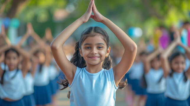 Indian school girls doing yoga for the physical education class.