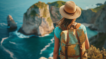 Summer traveling on the coast. Woman with backpack facing a scenic ocean view.