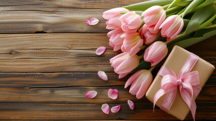 Pink tulips on rustic white wooden boards create a charming springtime display, perfect for Mother's Day