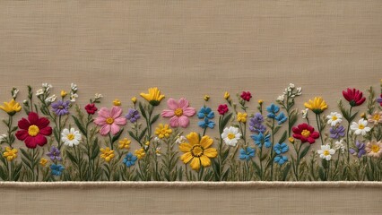 Fototapeta premium Flowers embroidered on burlap. Vintage, rustic style. Holiday, wedding, engagement concept. Background for design, print, postcard, banner, textile, advertising, with copy space for text