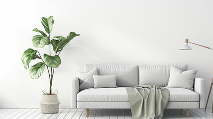 Immerse yourself in the ambiance of a living room, where a gray velvet sofa, pillows, a green plaid, a lamp, and a fiddle leaf tree in a wicker basket create a harmonious blend against a white wall ba