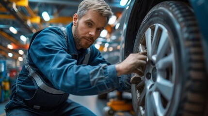 Side view of professional male technician explaining problem for customer and touching wheel of broken automobile in repair service