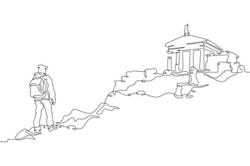 Tourist at historical ruins. Traveler visits a cultural monument . Travel to historical places. Tourist with a backpack.One continuous line drawing. Linear. Hand drawn, white background. One line