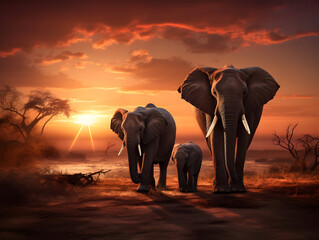 Fototapeta na wymiar Elephants family walking in sunset