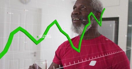 Image of data processing over senior african american man drinking healthy drink