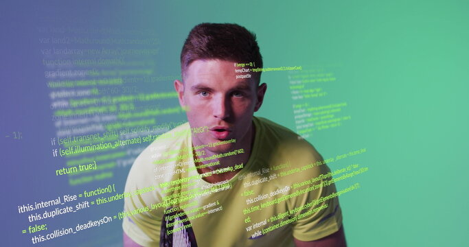 Image of caucasian male tennis player over data processing - Powered by Adobe