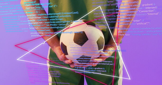Image of caucasian male soccer player over data processing