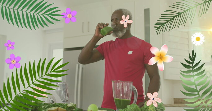 Image of flowers over senior african american man drinking healthy drink