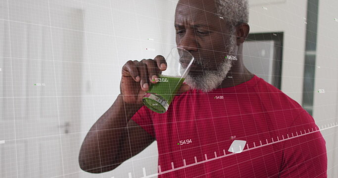 Image of data processing over senior african american man drinking healthy drink