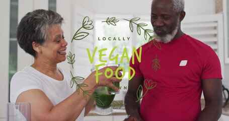 Image of vegan food text over senior african american couple with healthy drink