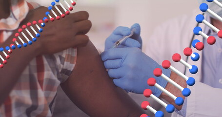 Image of dna strands over caucasian doctor vaccinating african american patient