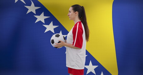 Image of caucasian female soccer player over flag of bosnia and herzegovina