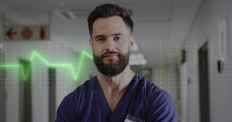 Image of medical data processing over caucasian male doctor