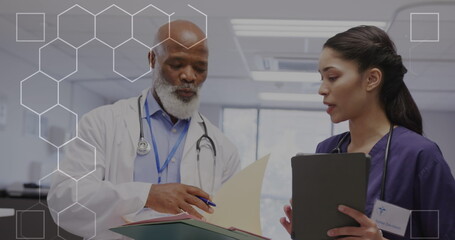 Image of dna strand and data processing over diverse doctors