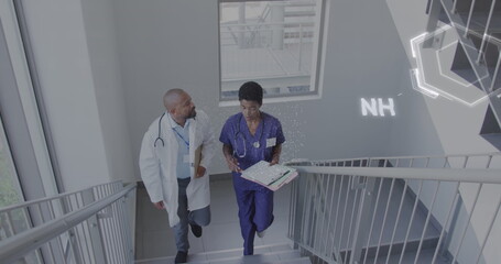 Image of dna strand and data processing over diverse doctors