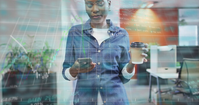 Image of data processing over african american businesswoman working in office