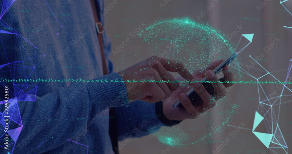 Aufkleber image of network of digital icons over man using smartphone