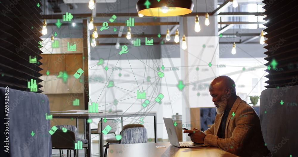 Poster image of network of digital icons over man using smartphone