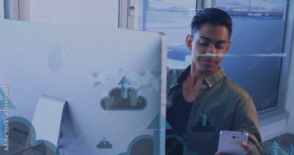 Poster image of digital icons and data processing over man using computer