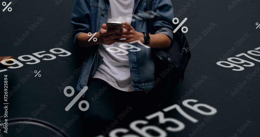 Poster multiple changing numbers and percentage icons floating against mid section of man using smartphone