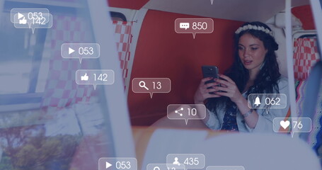 Image of digital icons over woman using smartphone