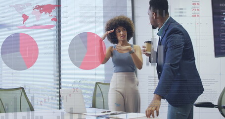 Image of data processing over diverse business people working at office